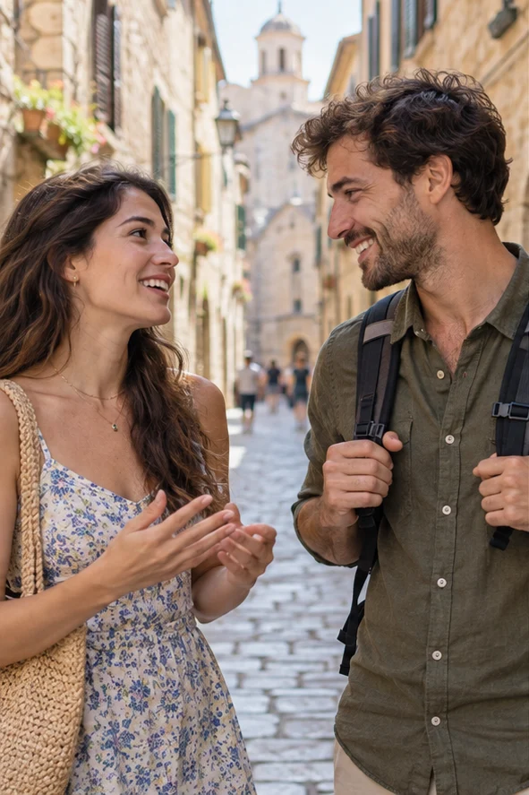 Two travelers sharing a conversation on a sunlit street