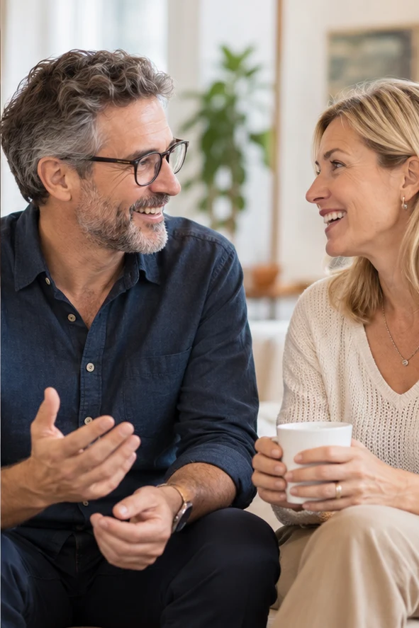 Two people enjoying a friendly conversation over coffee